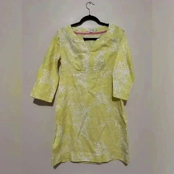 BODEN Linen Yellow & White Print Shift Dress Sz 4 Regular - Picture 1 of 10